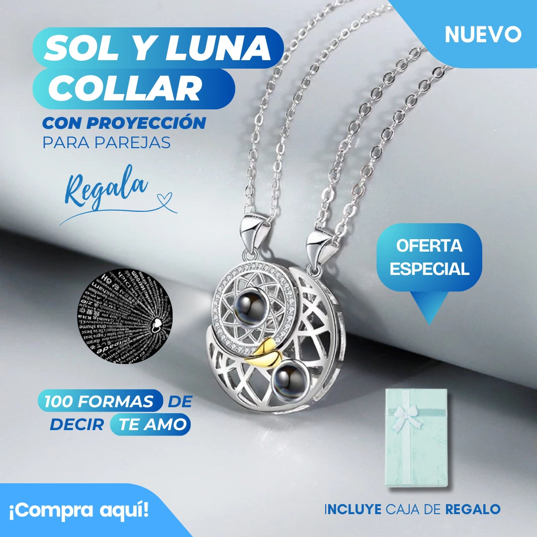 COLLAR SOL Y LUNA CON PROYECCIÓN TE AMO EN 100 IDIOMAS + CAJA DE ROS
