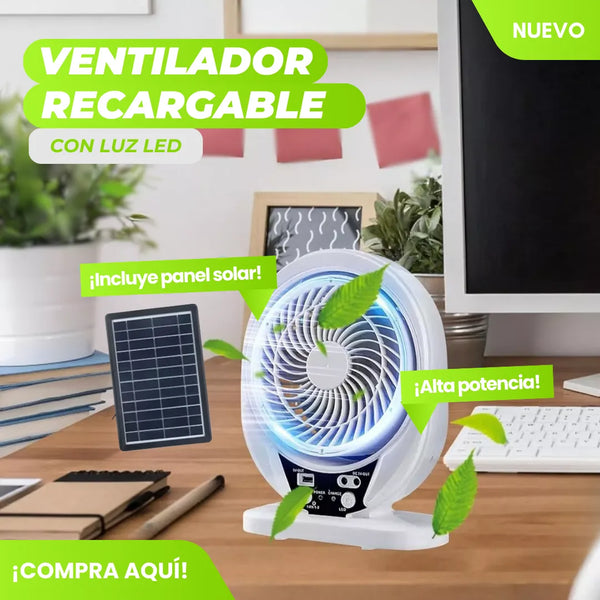Ventilador Portátil Recargable Blanco Con Luz Led Panel Solar Altas Aspas