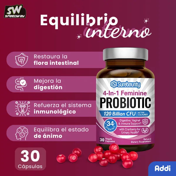 Surebounty Probióticos Para Mujeres 120 Billones 4 En 1 30 Cápsulas Digestión Inmunidad Estado De Ánimo