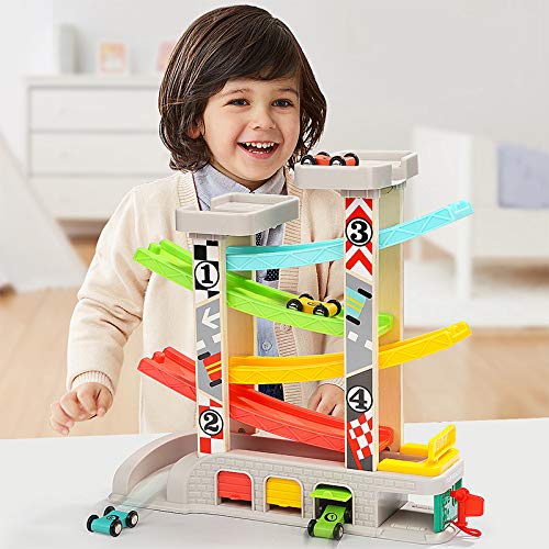 Juguete de Rampa de Carreras Para Niños 2 a 4 Años Con 4 Autos Estacionamiento y Gasolinera - Imagen 2