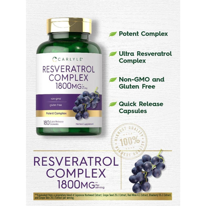 Carlyle Resveratrol Complex 1800mg - Suplemento Antioxidante en Cápsulas - Promueve Salud y Bienestar - 180 Cápsulas - Imagen 3
