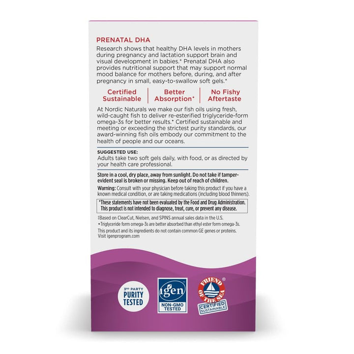 Prenatal DHA Nordic Naturals 830mg Omega 3 400 UI D3 120 Cápsulas Sin Sabor - Imagen 3