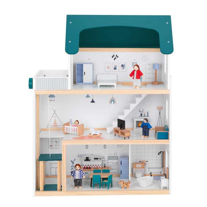 Casa De Muñecas De Madera 80 Cm Con Ascensor 21 Muebles Y Muñecos - Imagen 9