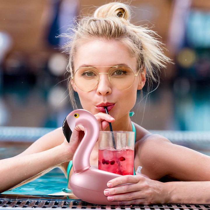 12 Piezas Portavasos Inflables Flamenco Oro Rosa Diseño Estable Reutilizables - Imagen 2