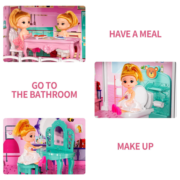 Casa De Muñecas 3 Pisos 6 Habitaciones Juguete Con 2 Muñecas Y Tobogán - Imagen 5