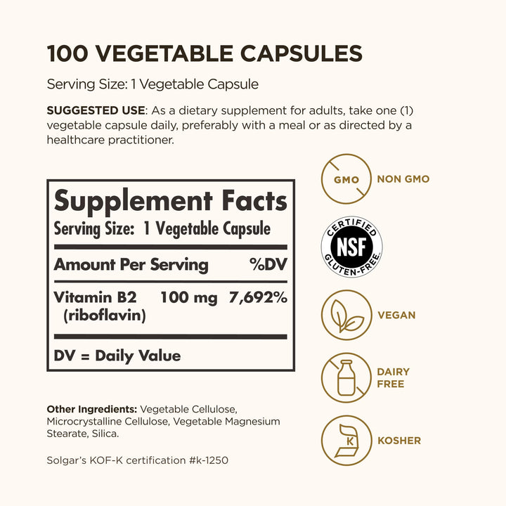Solgar Vitamin B2 Riboflavina 100mg 100 Cápsulas Vegetales Energía Salud Nerviosa - Imagen 2