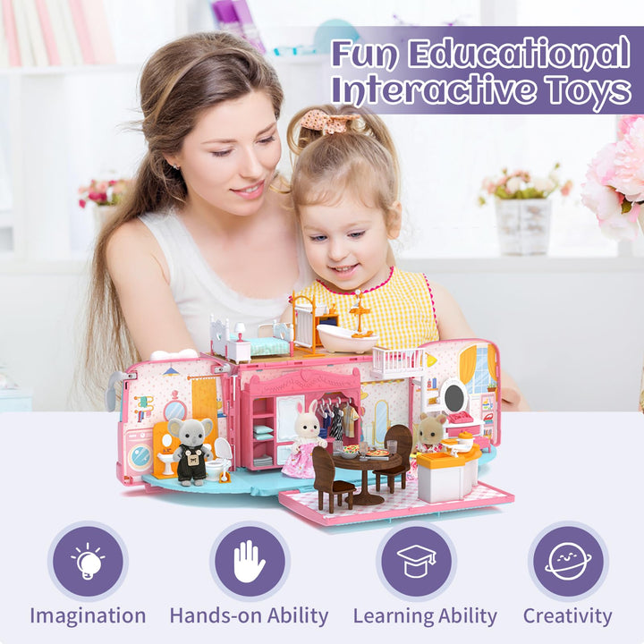 Mitcien Dollhouse Playset Casa De Muñecas Caravana Portátil Para Niños Con Más De 60 Piezas - Imagen 6
