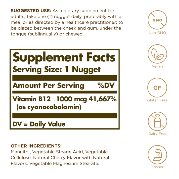 Vitamina B12 1000 Mcg Sublingual Solgar Sin Gluten Vegano 100 Pepitas Energía Y Salud - Imagen 2