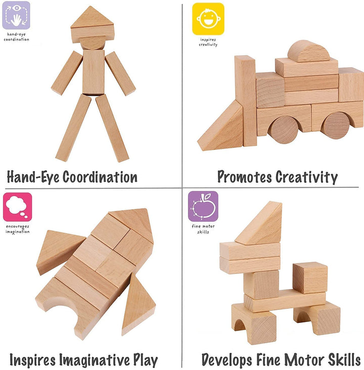 Bloques De Madera Natural Para Niños 100 Piezas Con Contenedor Educativo - Imagen 3