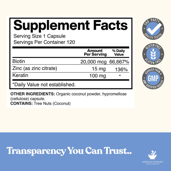 Biotina 20000 Mcg Queratina Coco Zinc 120 Cap Cabello Uñas Saludable - Imagen 2