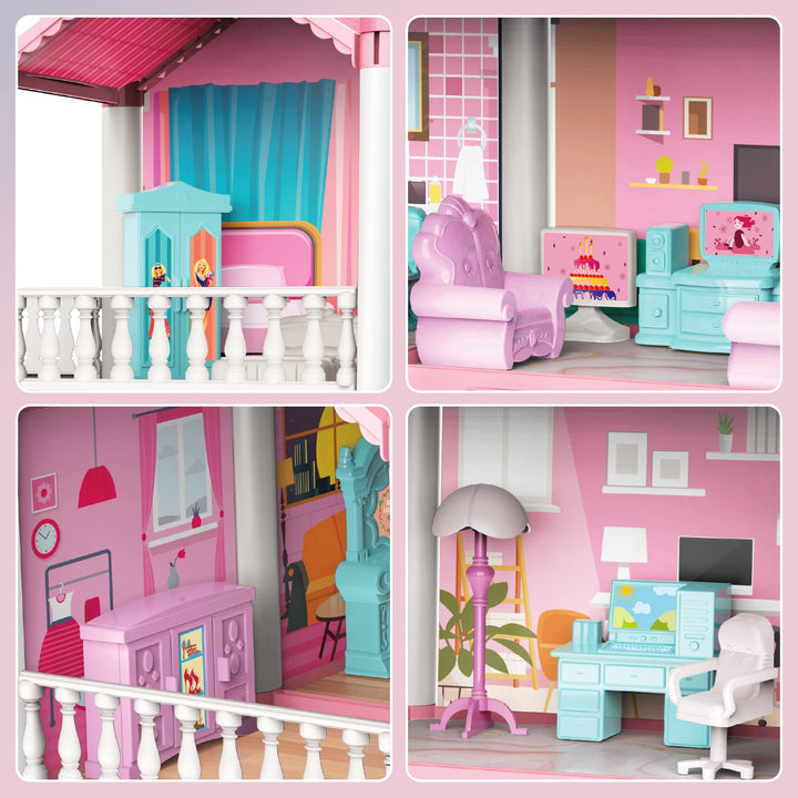 Casa de Muñecas Rosa 3 Pisos 9 Habitaciones Juego de Simulación Regalo para Niñas - Imagen 5