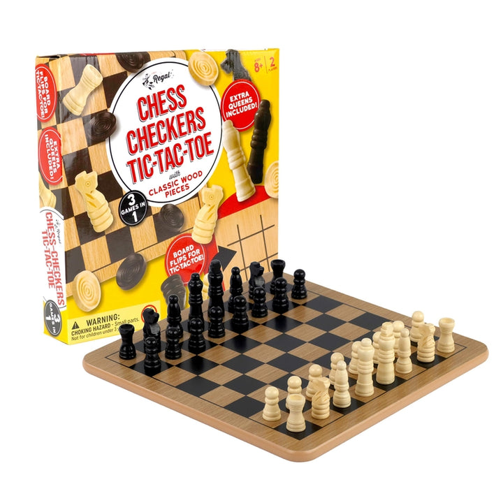 Tablero de Madera Reversible Regal Games Ajedrez Damas Tic-Tac-Toe 3 en 1 - Imagen 2