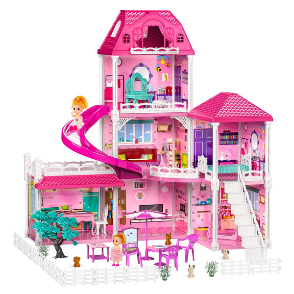 Casa De Muñecas 3 Pisos 6 Habitaciones Juguete Con 2 Muñecas Y Tobogán - Imagen 1