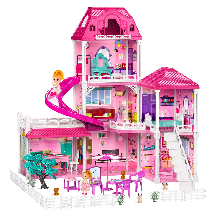 Casa De Muñecas 3 Pisos 6 Habitaciones Juguete Con 2 Muñecas Y Tobogán - Imagen 1