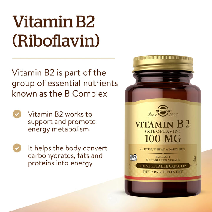 Solgar Vitamin B2 Riboflavina 100mg 100 Cápsulas Vegetales Energía Salud Nerviosa - Imagen 3