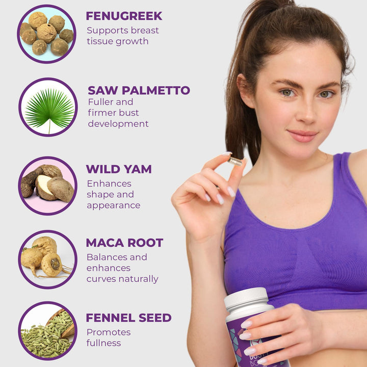 Píldoras Busty Boost Aumento De Busto Natural 60 Cápsulas Fenogreco Y Maca - Imagen 7