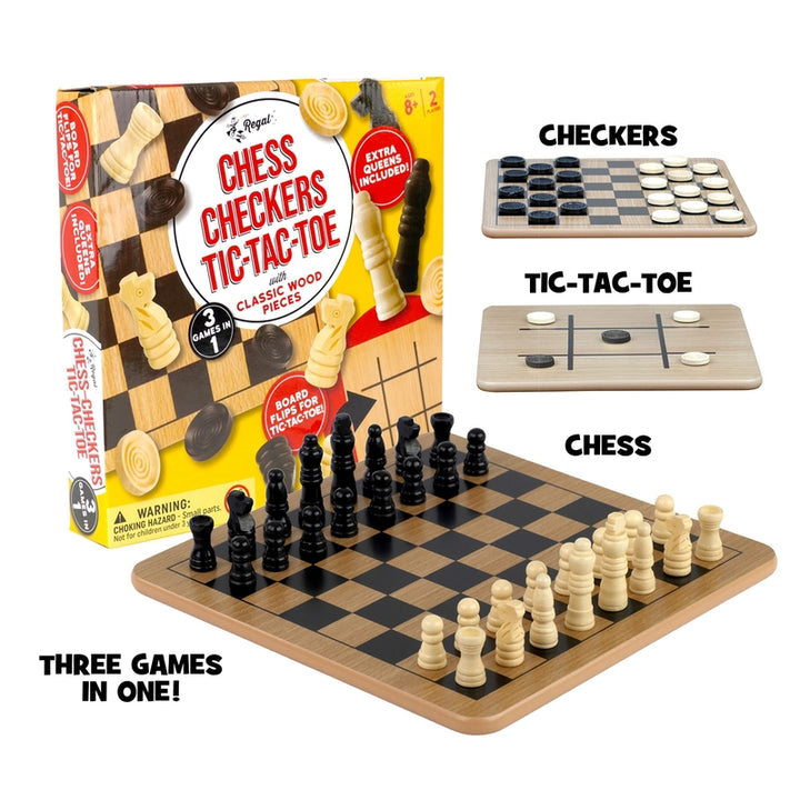 Tablero de Madera Reversible Regal Games Ajedrez Damas Tic-Tac-Toe 3 en 1 - Imagen 3