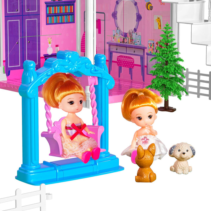 Casa De Muñecas 3 Pisos 6 Habitaciones Juguete Con 2 Muñecas Y Tobogán - Imagen 6