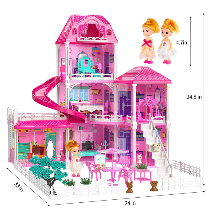 Casa De Muñecas 3 Pisos 6 Habitaciones Juguete Con 2 Muñecas Y Tobogán - Imagen 2