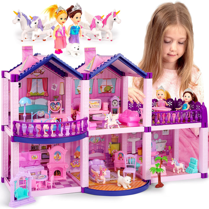 Casa De Muñecas Con 2 Princesas Unicornios Y Accesorios Para Niñas Pequeñas - Imagen 1