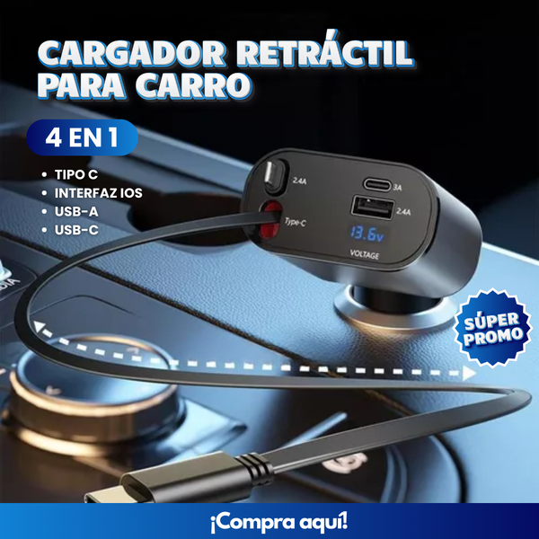 Cargador Carro 4 En 1 Dual Retráctil 66W Carga Súper Rápida USB-C y Lightning