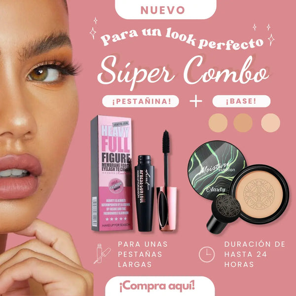 Base Moisture Cushion y Pestañina 4D Heavy Full Figure Hidratación y Volumen