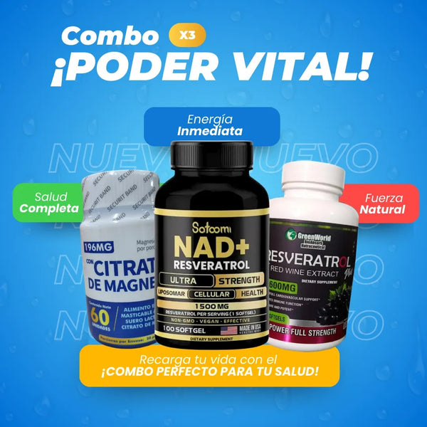 Combo NAD+ Resveratrol y Magnesio Citrato 3 Suplementos para Energía y Salud Celular