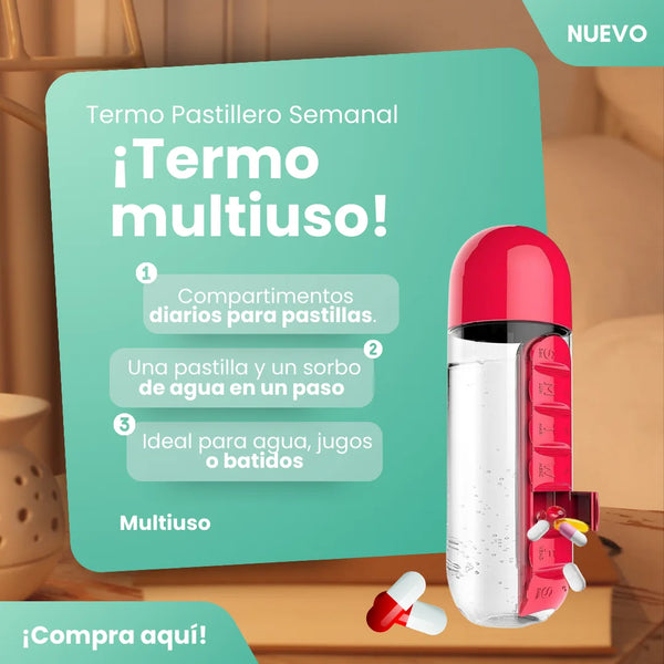 Termo Pastillero Semanal Portatil Botella De Agua Con Organizador De Pildoras 20 Onzas