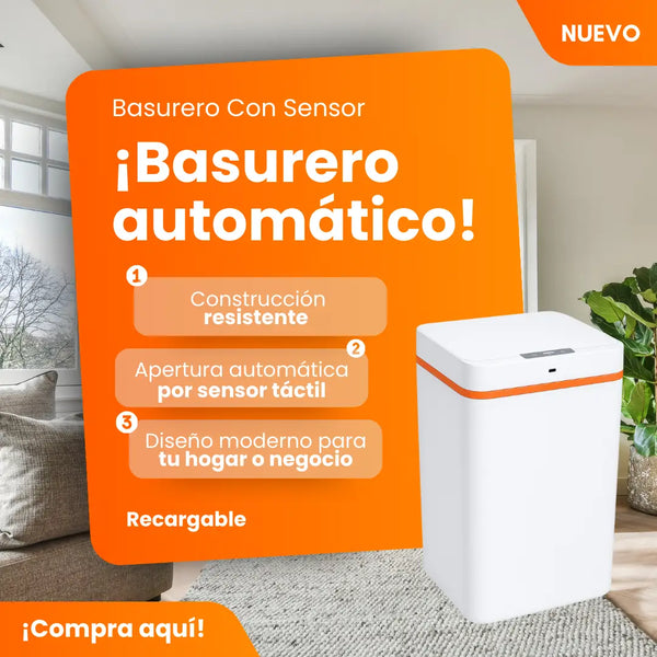 Basurero Con Sensor Recargable Blanco Y Gris Automático Moderno 15L USB