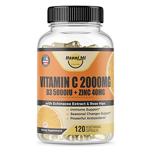 Happi Mi Nutrition Vitamina C 2000 mg Zinc 40 mg Vitamina D3 5000 IU 120 Cápsulas Veganas