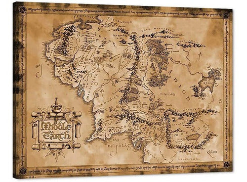 Cuadro Retro Enmarcado Señor De Los Anillos Mapa Tierra Media 24x18 Lienzo Decorativo