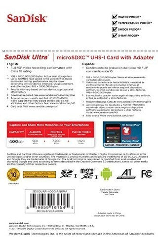 Tarjeta Micro SDXC Sandisk Ultra 400GB Velocidad 120MBs Con Adaptador - almacenspeedway