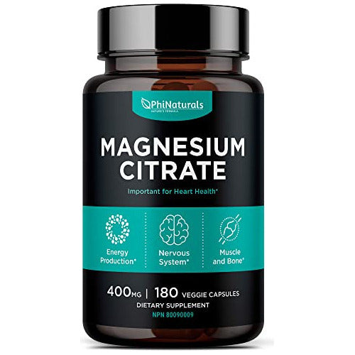 Citrato De Magnesio 400 Mg PhiNaturals 180 Cápsulas Alivio Muscular Nervioso Energía