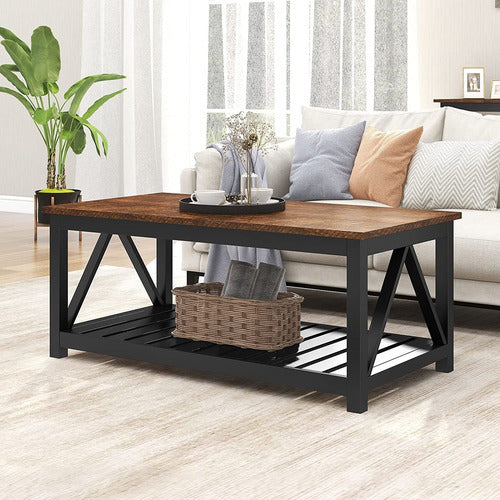 Mesa De Centro Negra Rústica Vintage Con Estante Para Sala Decorativa