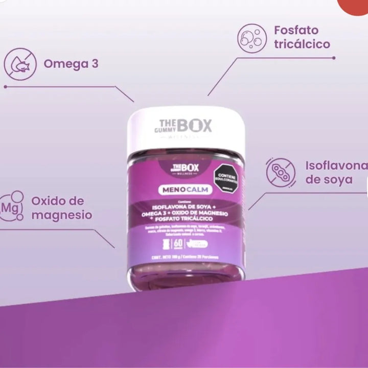 Gomitas Menocalm The Gummy Box X60 Con Isoflavonas De Soya Omega 3 Magnesio Y Calcio Bienestar Femenino Sin Azúcar - Imagen 2