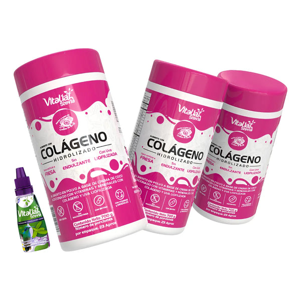 Kit X3 Colágeno Hidrolizado Fresa Vitaliah + Stevia Líquida 10ml - Imagen 1