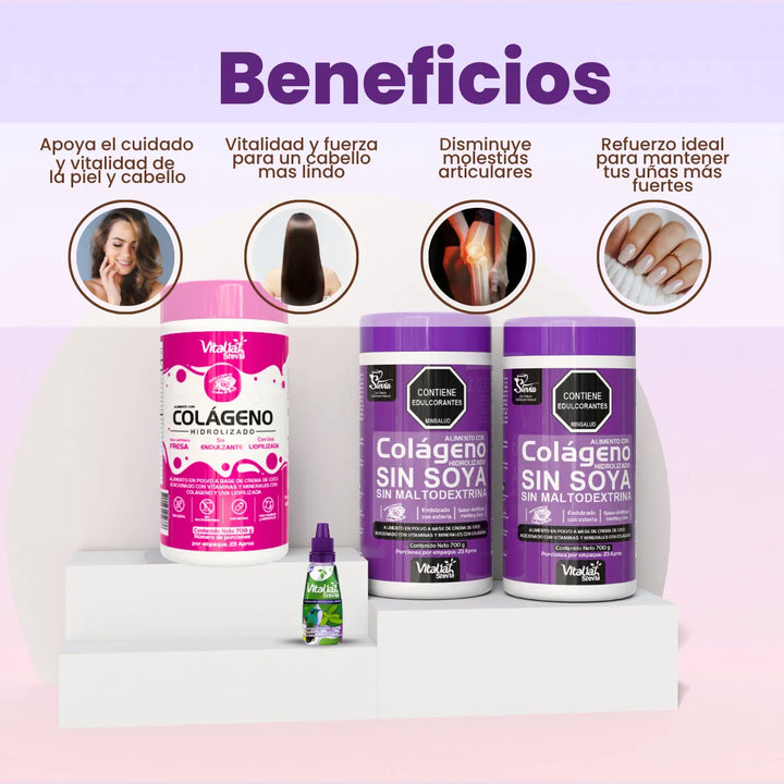 Kit Colágeno Hidrolizado Vitaliah Vainilla X2 + Fresa + Gotero Stevia 10ml - Imagen 2