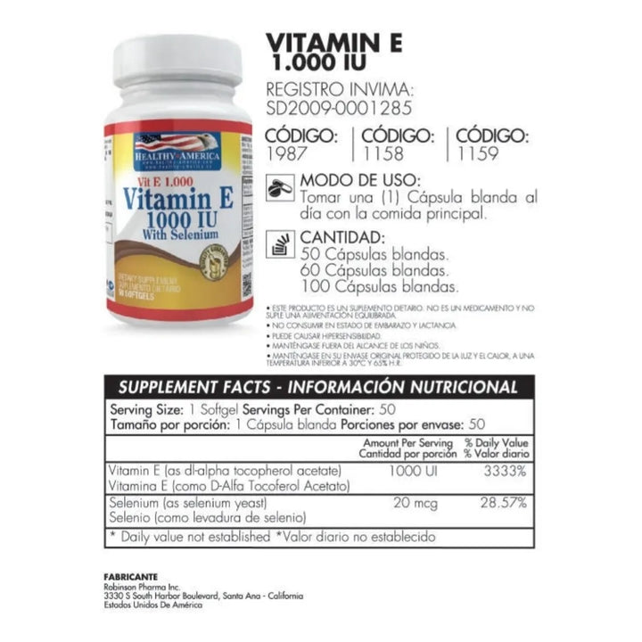 Vitamina E 1000 Con Selenio X 50 Cápsulas - Healthy América Sin Sabor - Imagen 2