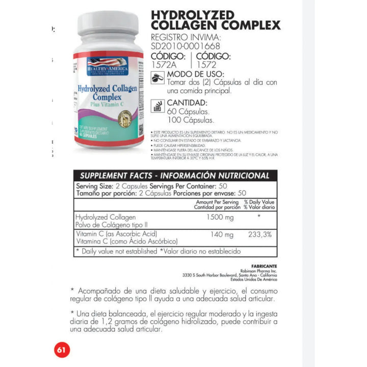 Colageno Hidrolizado X 60 Cápsulas - Healthy America Sin Sabor - Imagen 2