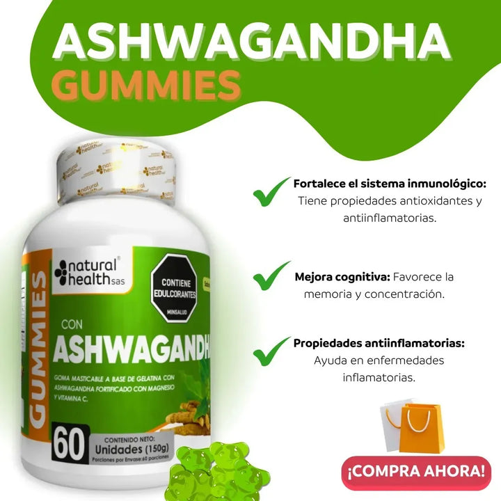 Ashwagandha Gummies Natural Health 60 Unidades Suplemento Para Estrés, Ansiedad, Energía, Concentración, Memoria, Digestión Y Control De Azúcar - Imagen 7