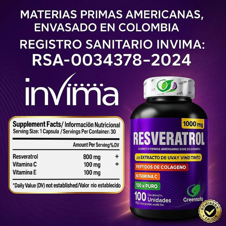 Resveratrol1000mg Con Colágeno Vitamina Cye Extracto De Uva Y Vino Tinto Antioxidante Natural Salud Celular Cardiovascular 100unidades Invima Original - Imagen 6