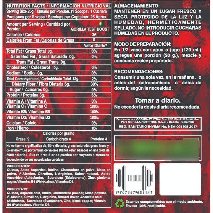 Gorilla Testboost. Elevador De Testosterona Garantizado 100%. Daa, Ácido Aspartico Naranja - Imagen 3
