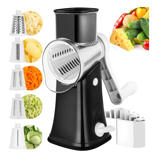 Rallador De Queso 5 En 1 Rotativo Con Cuchillas Inoxidables Facil Limpieza Y Multifuncional