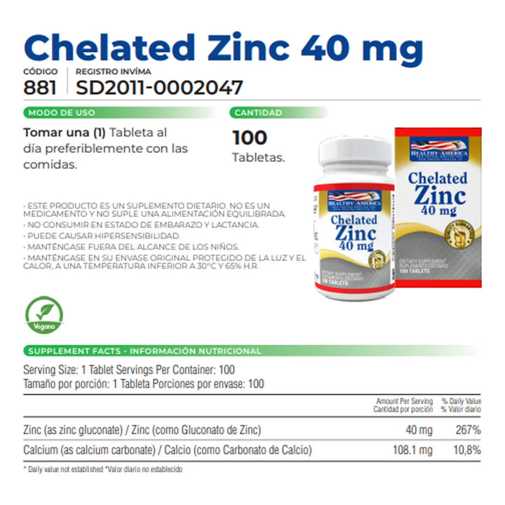 Chelated Zinc Healthy America Vitamina - Imagen 4