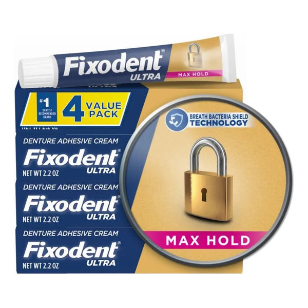 Fixodent Ultra Max Hold Secure Crema Adhesiva Para Dentaduras Postizas 4 Unidades 2.2 Onzas