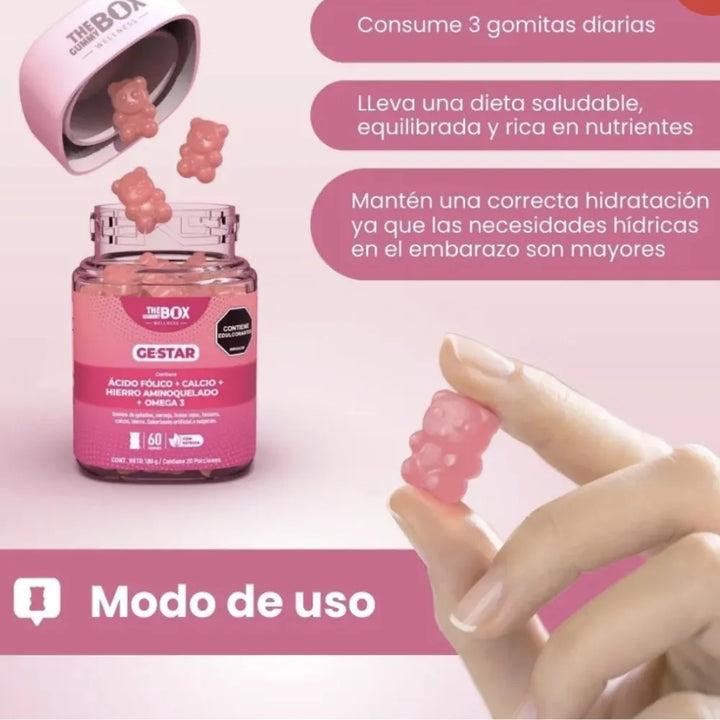 Gomitas Gestar The Gummy Box X 60 Con Ácido Fólico Hierro Calcio Y Omega 3 Complemento Nutricional Para Gestación Sin Azúcar - Imagen 3