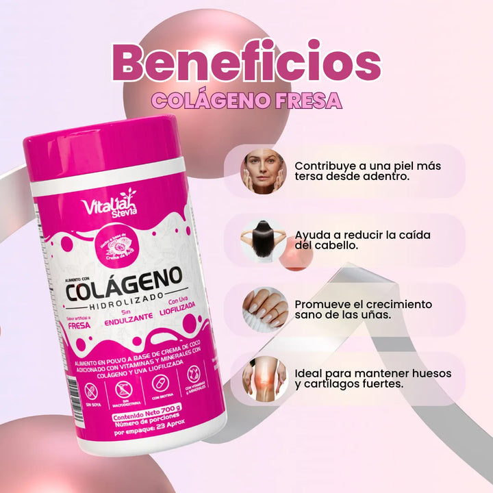 Kit X3 Colágeno Hidrolizado Fresa Vitaliah + Stevia Líquida 10ml - Imagen 2