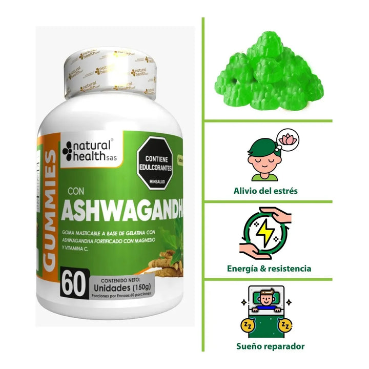 Ashwagandha Gummies Natural Health 60 Unidades Suplemento Para Estrés, Ansiedad, Energía, Concentración, Memoria, Digestión Y Control De Azúcar - Imagen 5