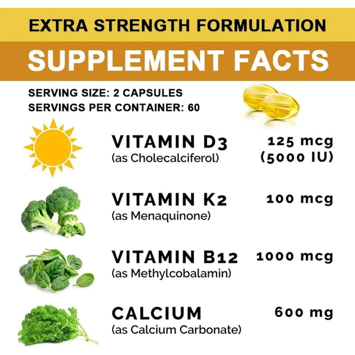 Calcio Extra Fuerte 600 Mg Vitamina D3 5000 Ui K2 B12 Comple - Imagen 5