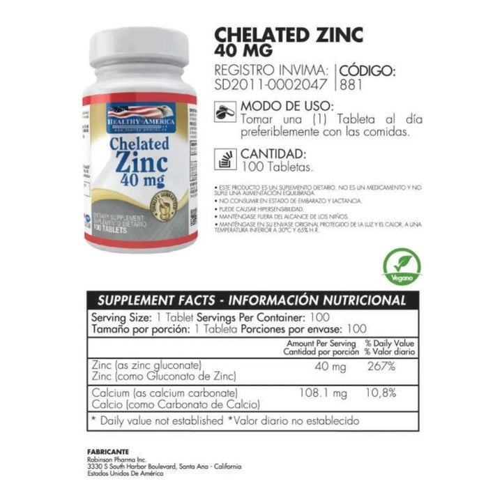 Chelated Zinc 40mg X 100 Tabletas - Healthy América Sin Sabor - Imagen 2